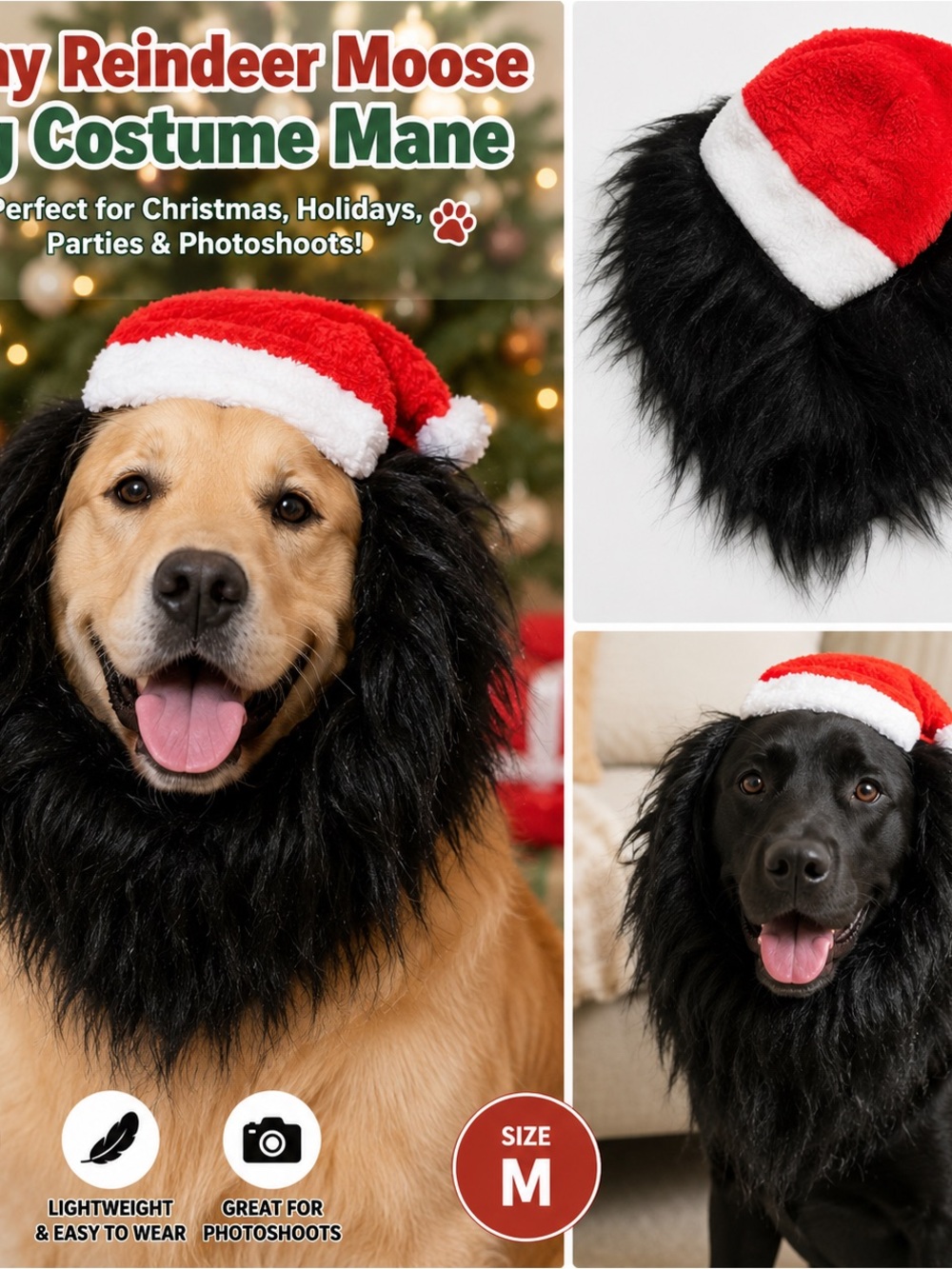 Funny lion santa Dog Costume Mane Black White Red Size M Christmas Pet